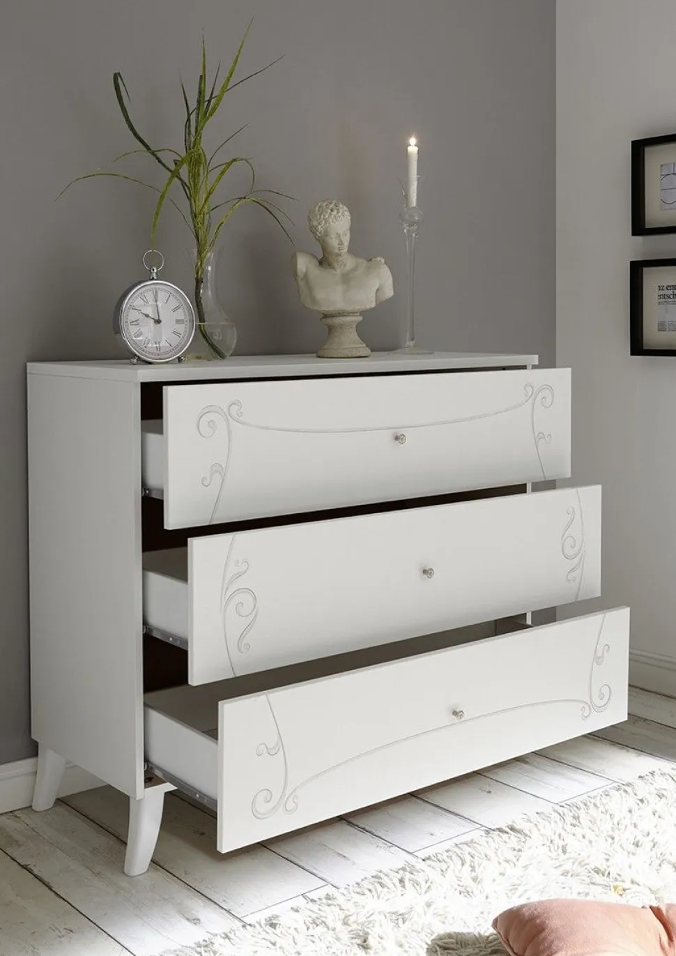 Cassettiera Ebony linea Essenza a tre cassetti in Bianco opaco con serigrafia