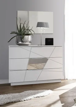 Cassettiera moderna bianco frassino 3 cassetti con inserti a specchio Vittoria linea Essenza