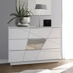 Cassettiera moderna bianco frassino 3 cassetti con inserti a specchio Vittoria linea Essenza