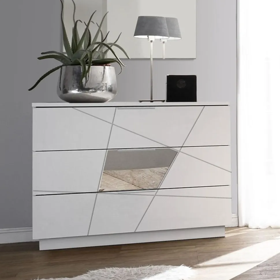 Cassettiera moderna bianco frassino 3 cassetti con inserti a specchio Vittoria linea Essenza