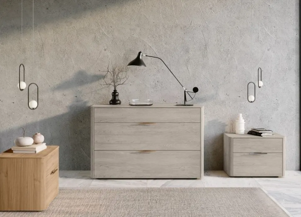Cassettiera moderna 3 cassetti in Rovere Gessato con maniglia disponibile in 2 colori