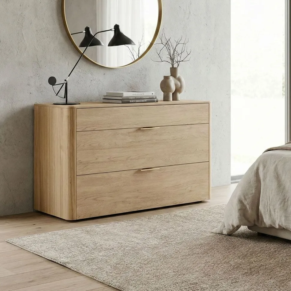 Cassettiera moderna 3 cassetti in Rovere Gessato con maniglia disponibile in 2 colori