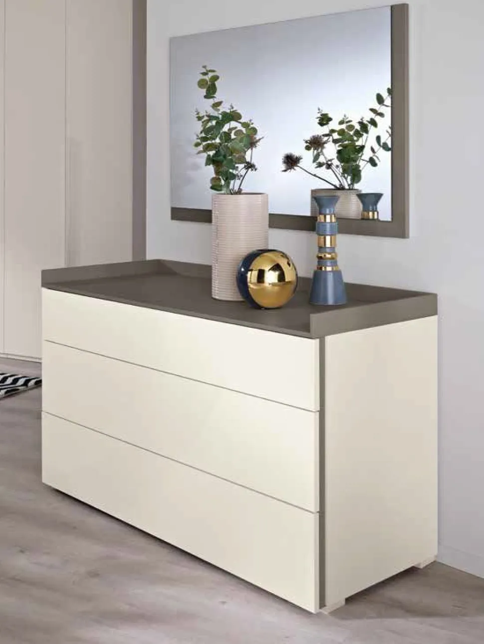 Cassettiera moderna 3 cassetti con maniglia a gola laterale e top a vassoio disponibile in vari colori May linea Domino