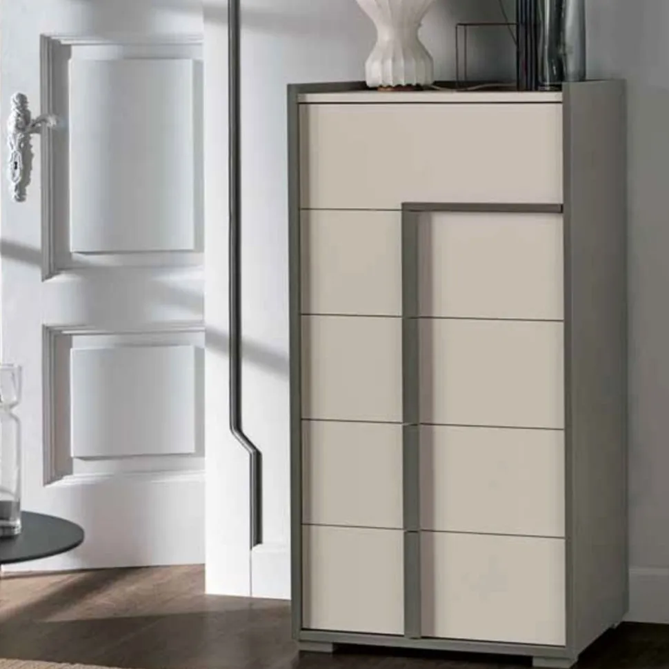 Cassettiera Tory 5 cassetti linea Domino finitura Grigio Londra e Cachemire
