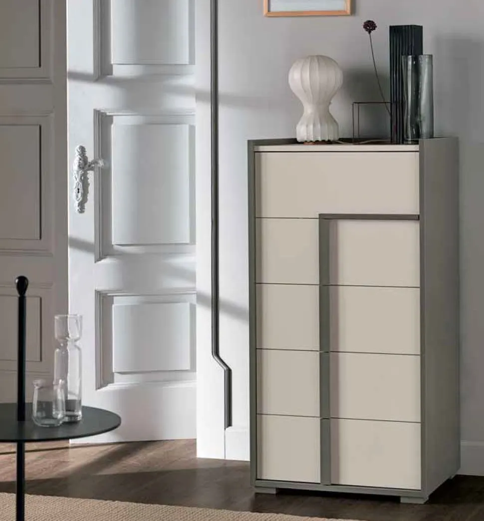 Cassettiera Tory 5 cassetti linea Domino finitura Grigio Londra e Cachemire