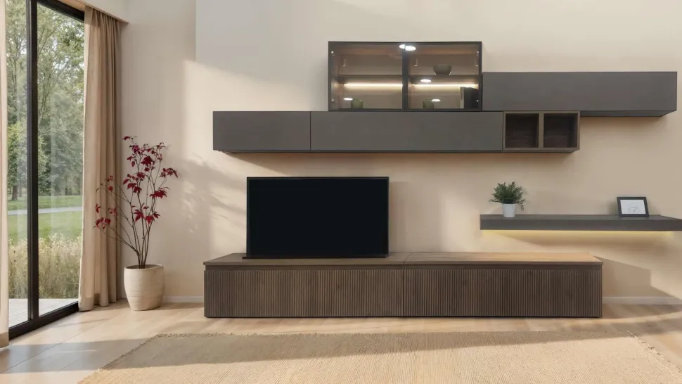 Cassettone porta Tv con frontale cannettato in Rovere scuro o chiaro
