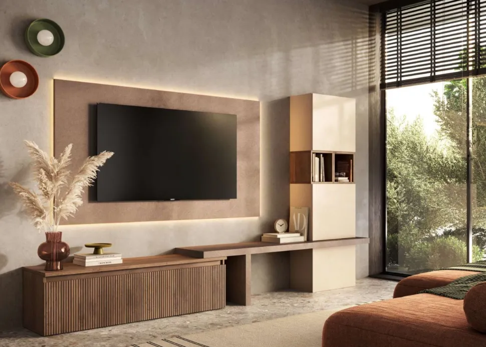 Cassettone porta Tv con frontale cannettato in Rovere scuro o chiaro
