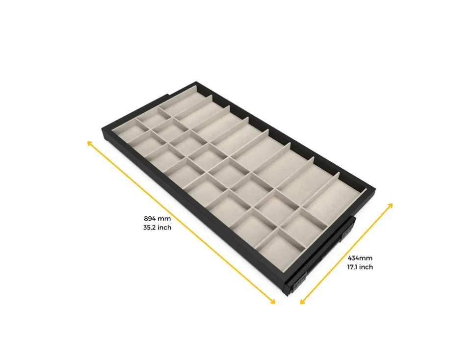 Cassetto organizzatore regolabile con guide soft-close per armadio disponibile in 2 colori e 3 misure