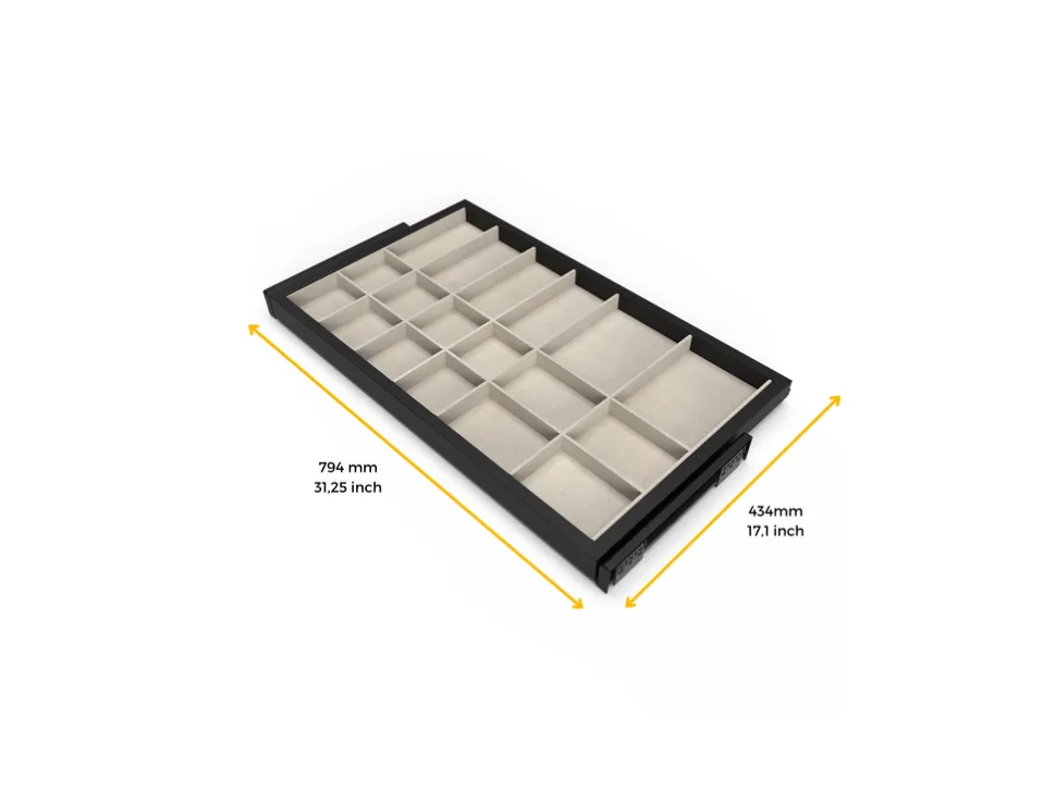 Cassetto organizzatore regolabile con guide soft-close per armadio disponibile in 2 colori e 3 misure