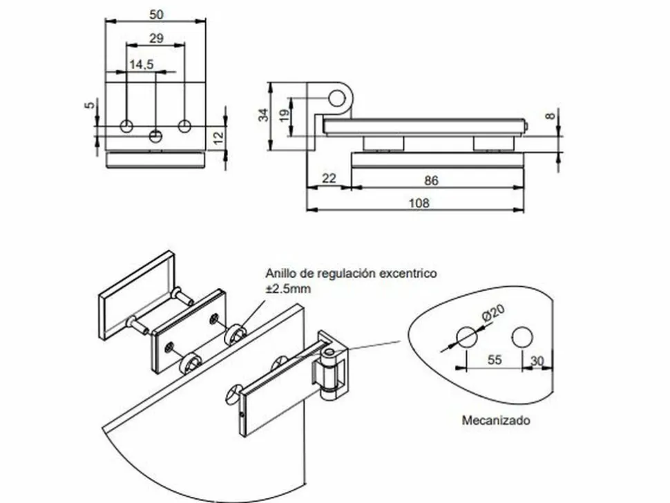 Cerniera orizzontale per anta in vetro con finiture in acciaio inox con forcella da 34 mm