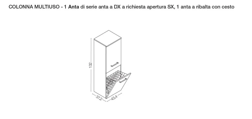 Colonna sospesa 1 anta battente e anta ribalta con cesto portabiancheria disponibile in vari colori
