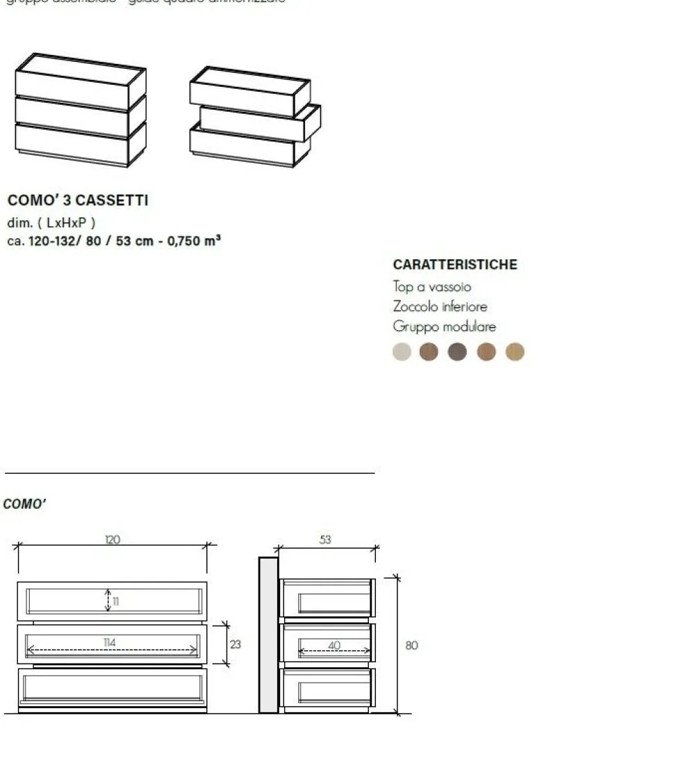 Comò design moderno 3 cassetti componibile finitura Cashmere disponibile in 5 Colori