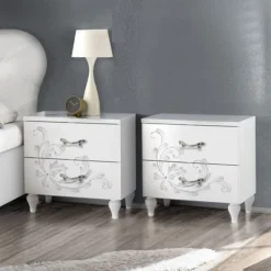 Comodini moderni Bianco Frassino a due cassetti serigrafati Noemi linea Essenza