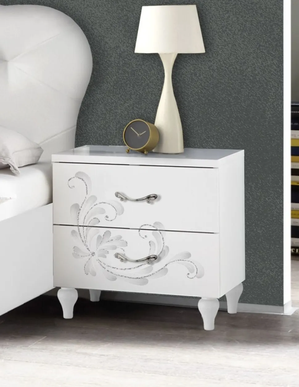 Comodini moderni Bianco Frassino a due cassetti serigrafati Noemi linea Essenza