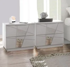 Comodini moderni bianco frassino 2 cassetti con inserti a specchio Vittoria linea Essenza