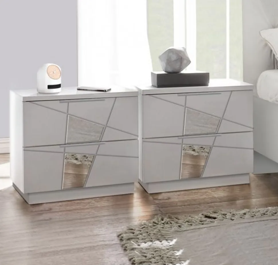 Comodini moderni bianco frassino 2 cassetti con inserti a specchio Vittoria linea Essenza
