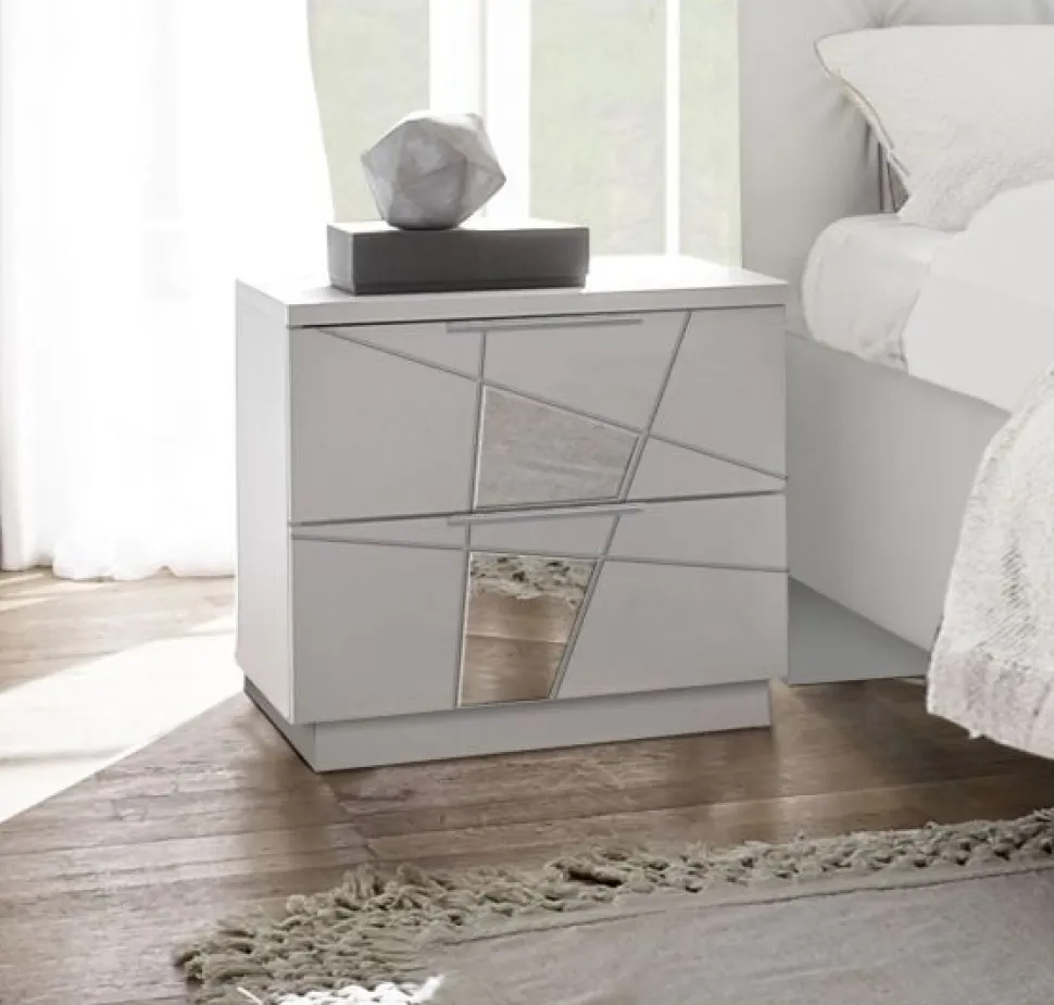 Comodini moderni bianco frassino 2 cassetti con inserti a specchio Vittoria linea Essenza