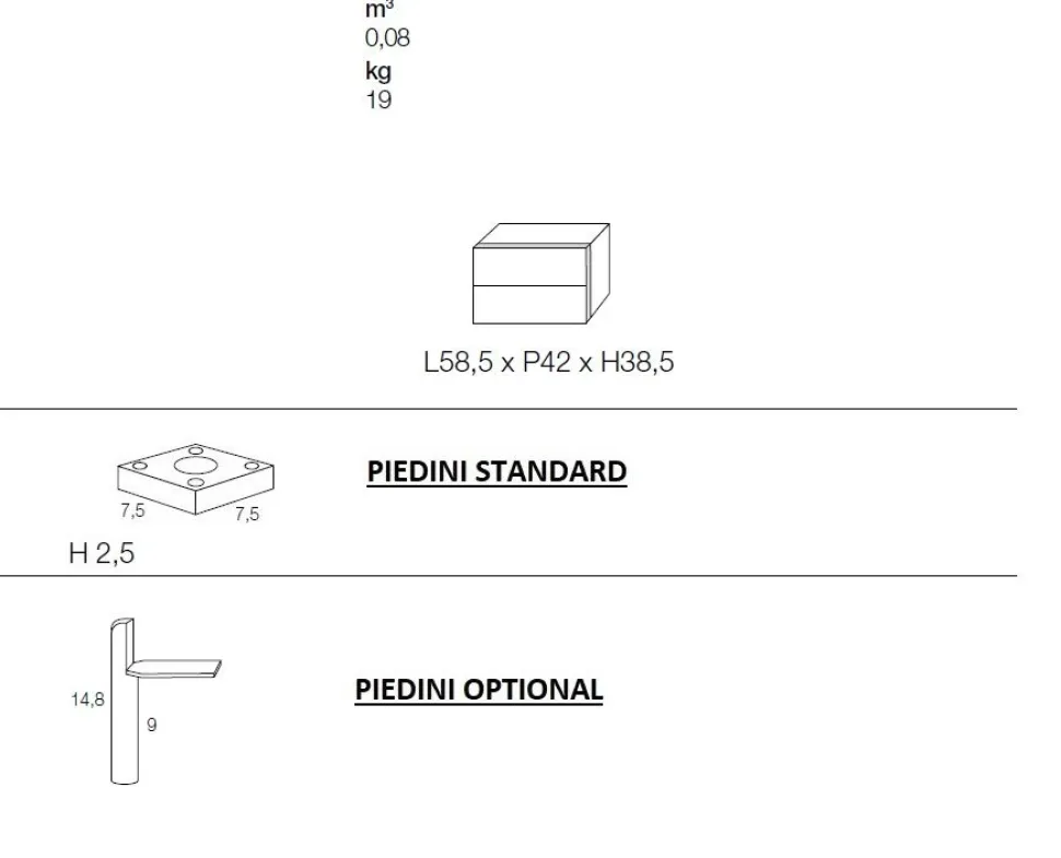 Comodino 2 cassetti Lady linea Domino disponibile in vari colori