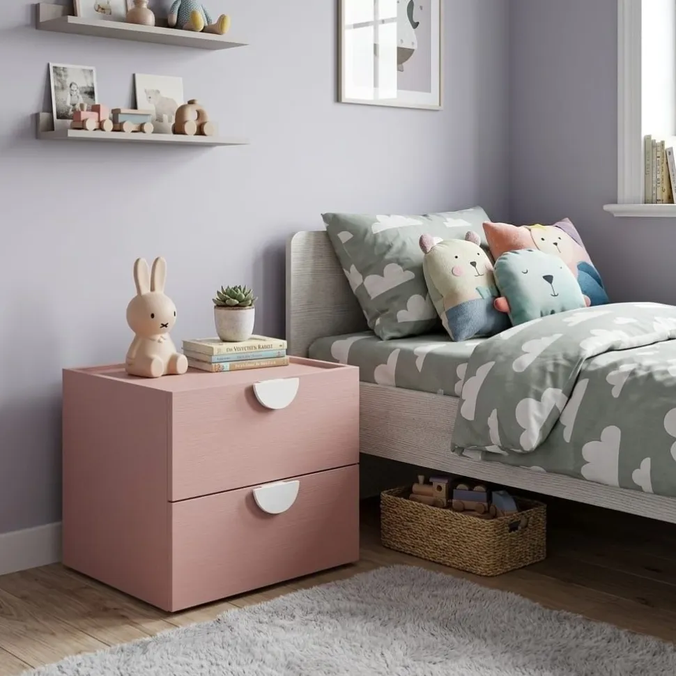 Comodino 2 cassetti per camerette con maniglie sagomate disponibile in 4 colori