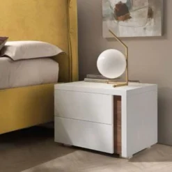 Comodino Kora 2 cassetti linea Domino finitura Noce Bianco e Noce Naturale