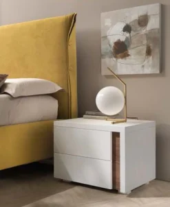 Comodino Kora 2 cassetti linea Domino finitura Noce Bianco e Noce Naturale