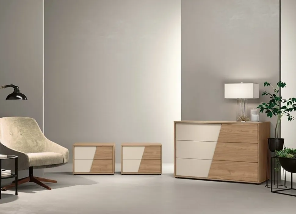 Comodino moderno 2 cassetti Bianco Frassino e Grigio con maniglia diagonale in MDF integrata nel frontale
