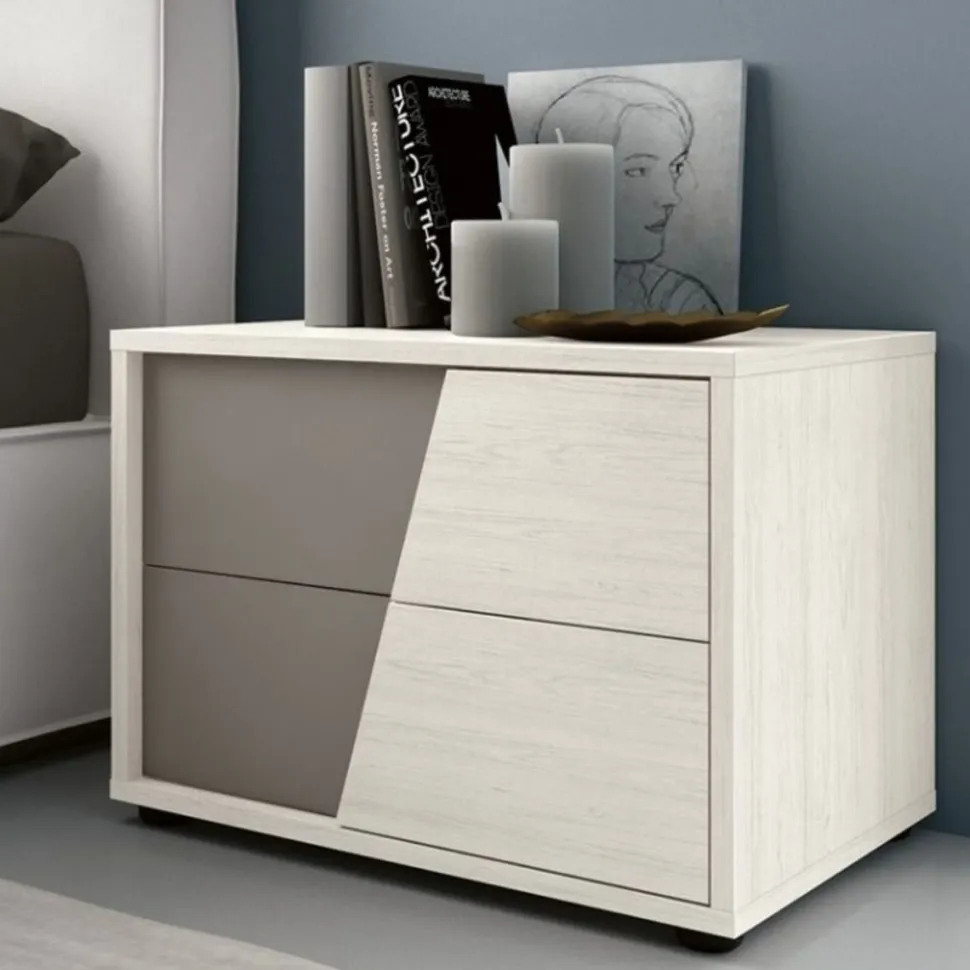 Comodino moderno 2 cassetti Bianco Frassino e Grigio con maniglia diagonale in MDF integrata nel frontale