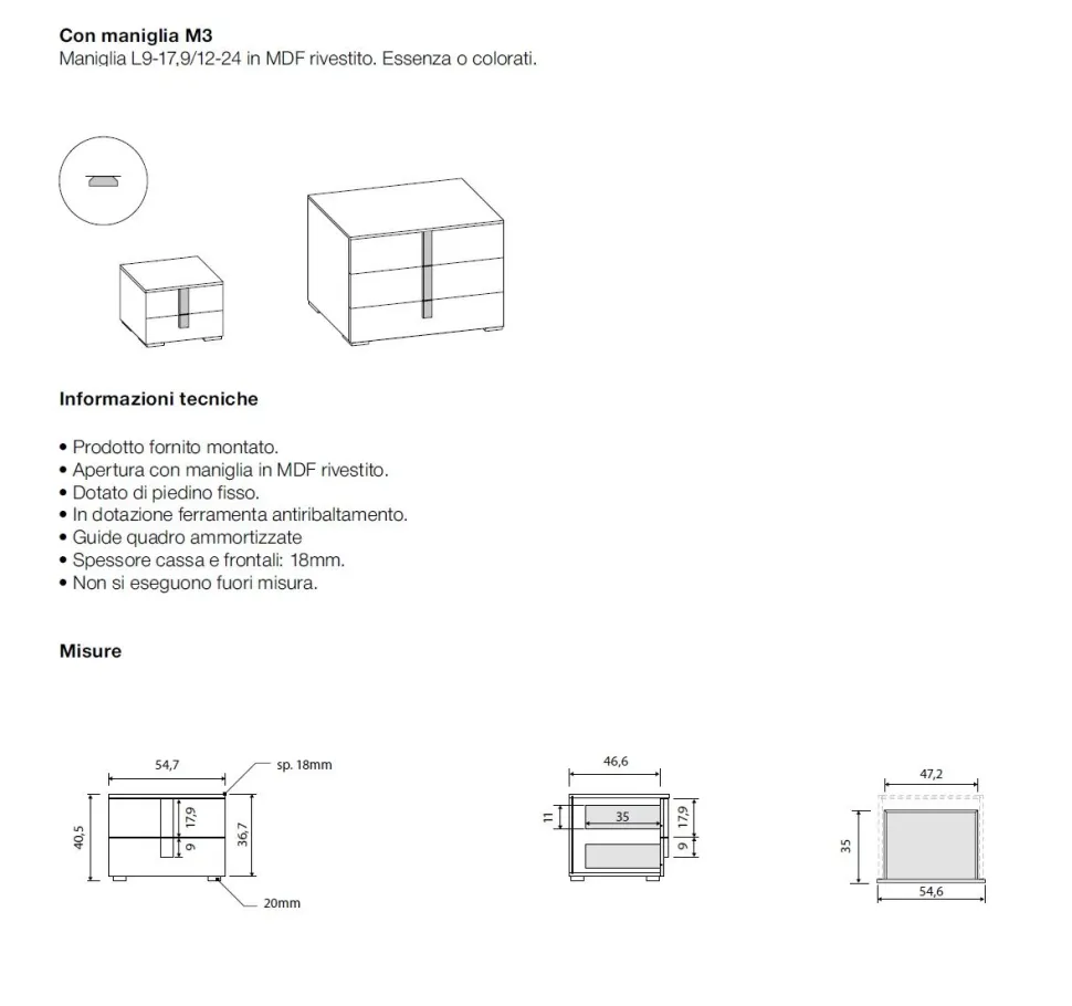 Comodino moderno 2 cassetti con maniglia in MDF rivestito Vertigo disponibile in vari colori