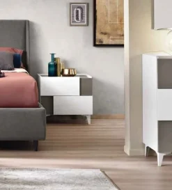 Comodino moderno 2 cassetti con inserto e maniglia laterale disponibile in vari colori Roy linea Domino