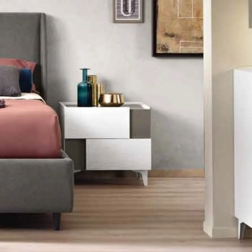Comodino moderno 2 cassetti con inserto e maniglia laterale disponibile in vari colori Roy linea Domino