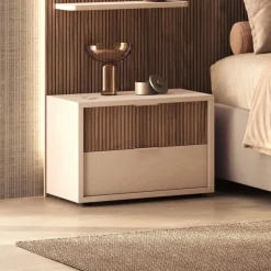Comodino moderno 2 cassetti finitura Cashmere e Noce Caramello Cannettato disponibile in 2 Colori