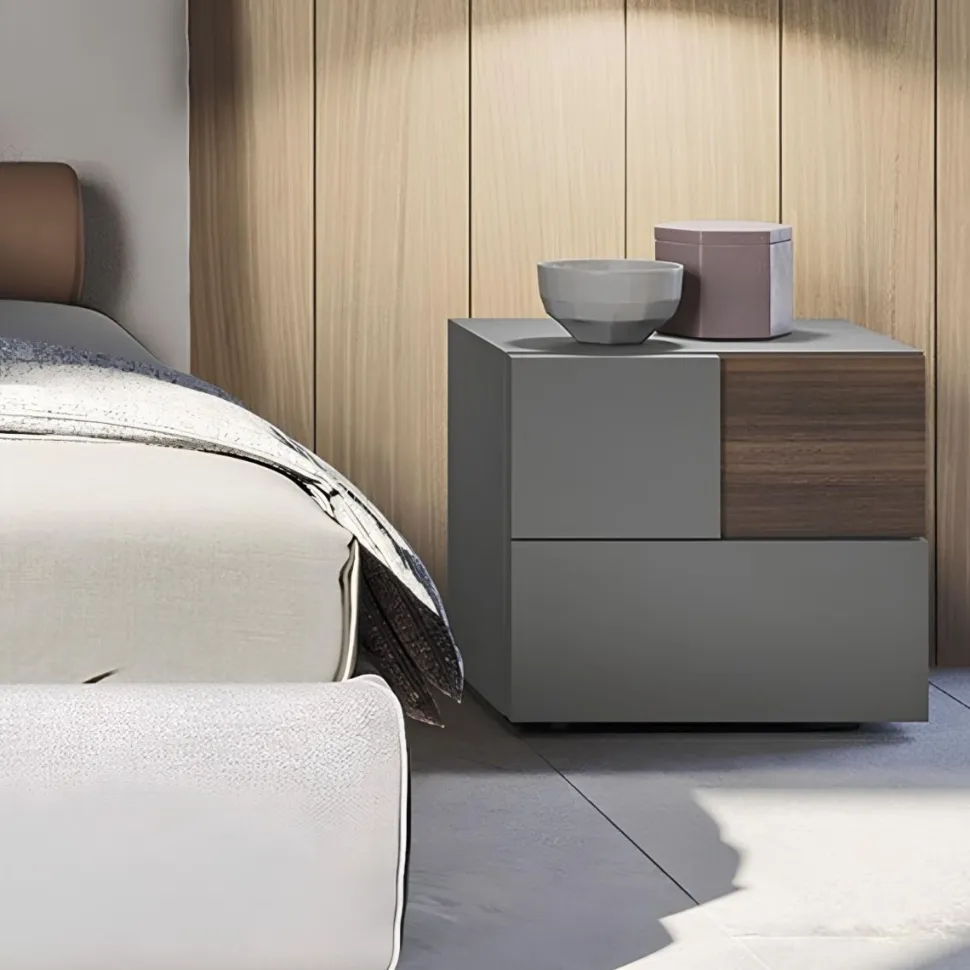 Comodino moderno 2 cassetti senza maniglia con inserto frontale Lion disponibile in vari colori