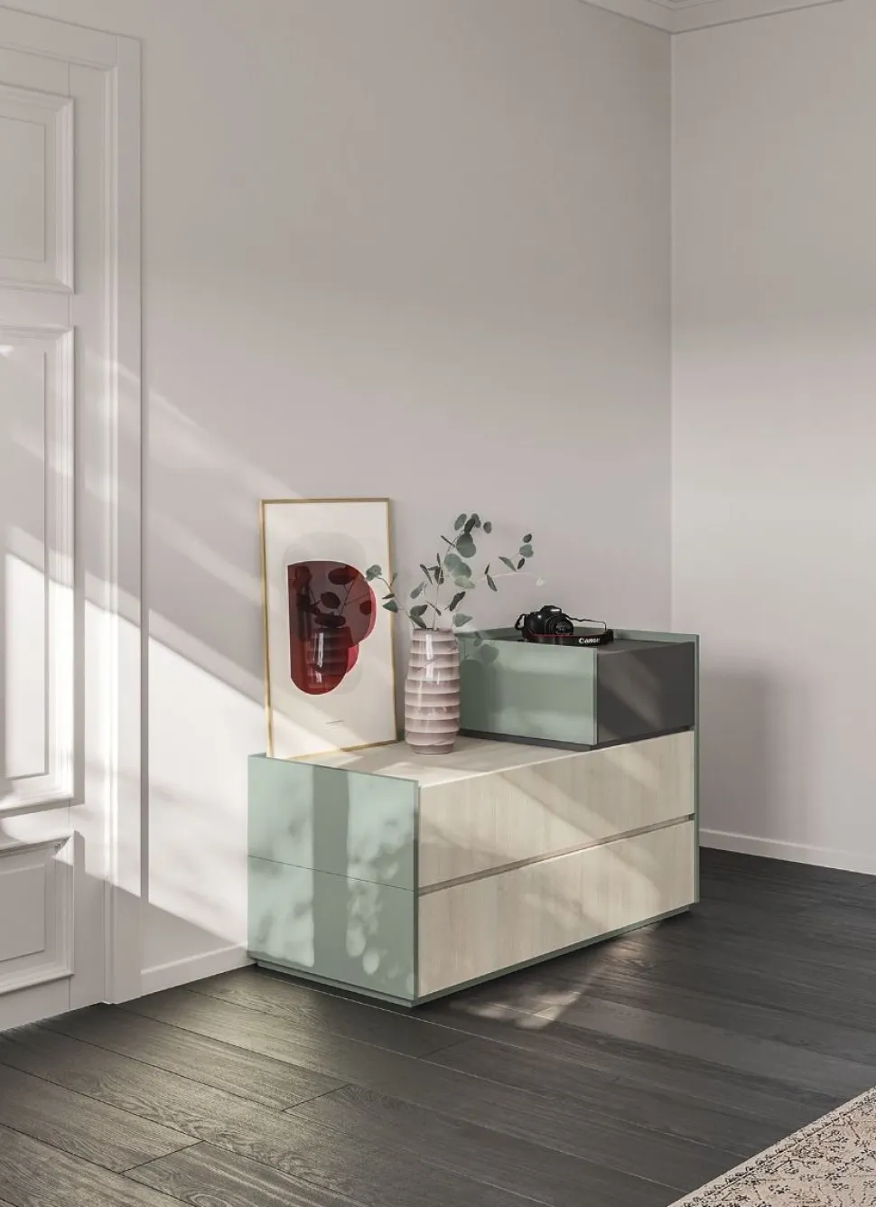 Comò retrofinito con 3 cassetti Logan Linea Lotto disponibile in 20 colori
