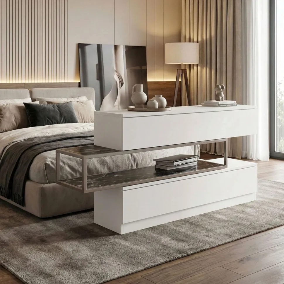 Comò sfalzato con vano a giorno modello Equal Linea New Season finitura Bianco Frassino