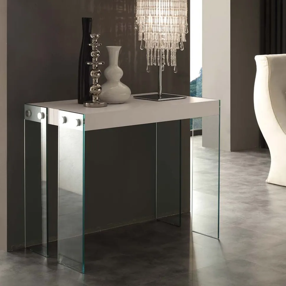Consolle allungabile con gambe in vetro e top Bianco Opaco modello Iceberg
