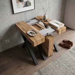 Consolle Allungabile 4 metri gambe a X Nere e piano Rovere Rustico con porta Allunghe