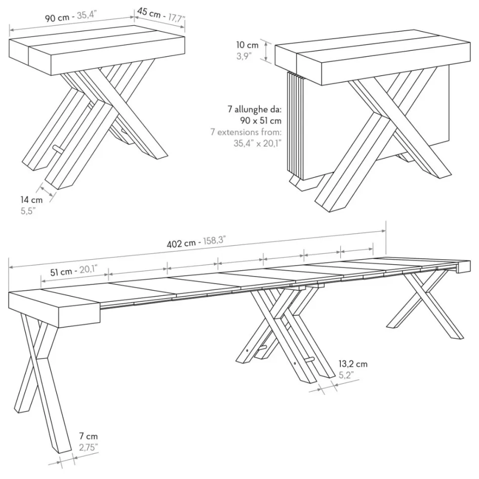 Consolle Allungabile 4 metri gambe a X Bianche e piano Rovere Rustico con porta Allunghe