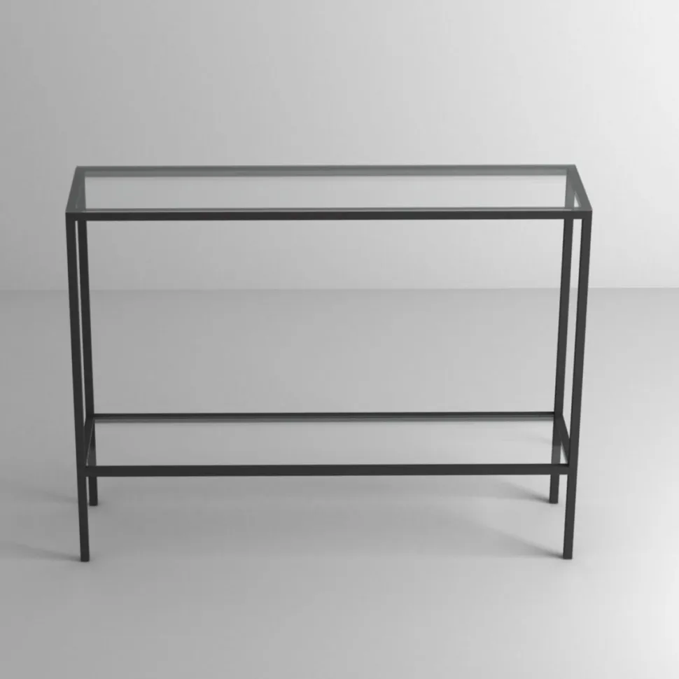 Consolle da ingresso con struttura in alluminio e piano in vetro personalizzabile