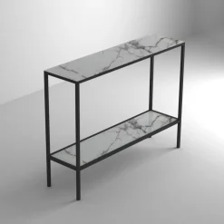 Consolle da ingresso con struttura in alluminio e piano in vetro personalizzabile