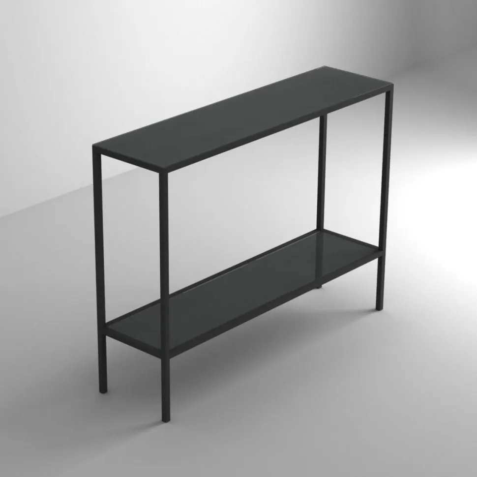 Consolle da ingresso con struttura in alluminio e piano in vetro personalizzabile