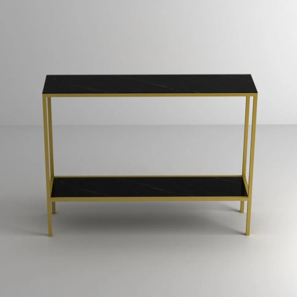 Consolle da ingresso con struttura in alluminio e piano in vetro personalizzabile