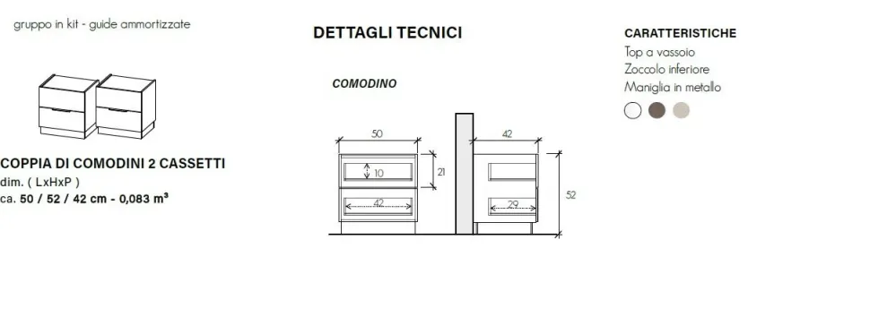 Coppia di comodini a 2 cassetti Milly linea Chèrie disponibile in 3 colori