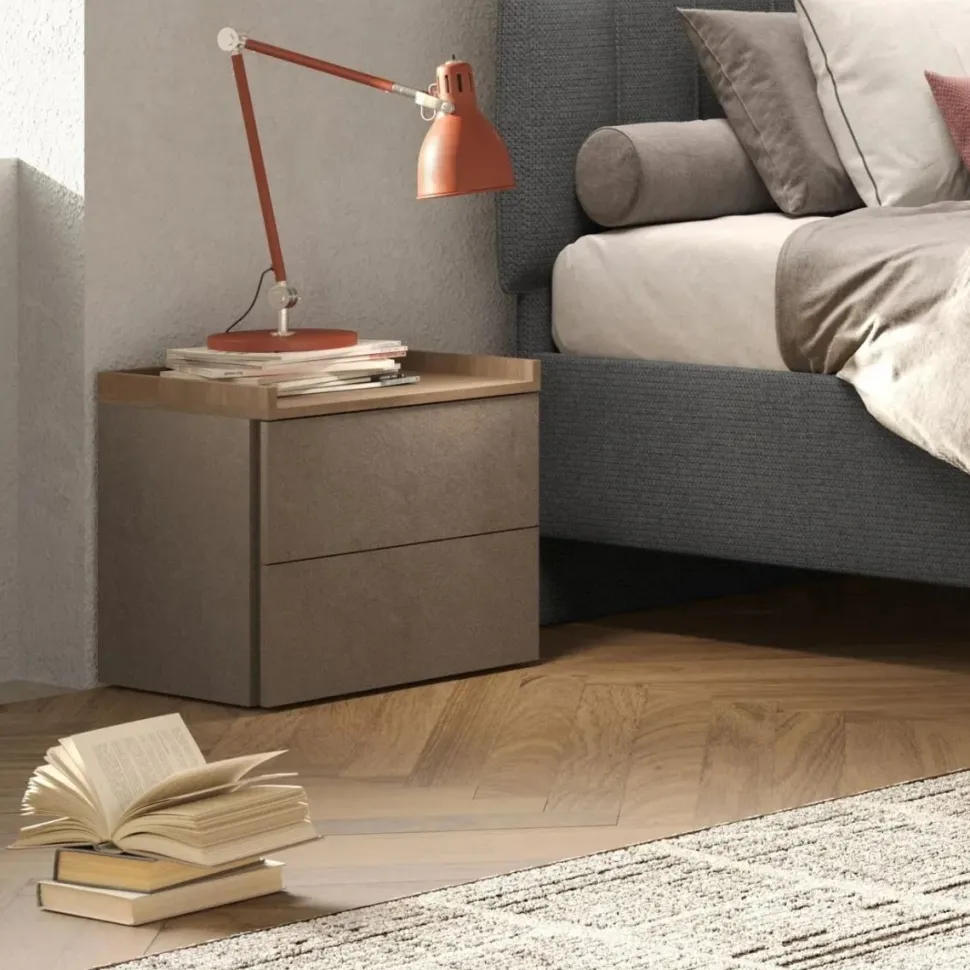Coppia di comodini a 2 cassetti Alex linea Chèrie in finitura Bronzo e Rovere Mercure