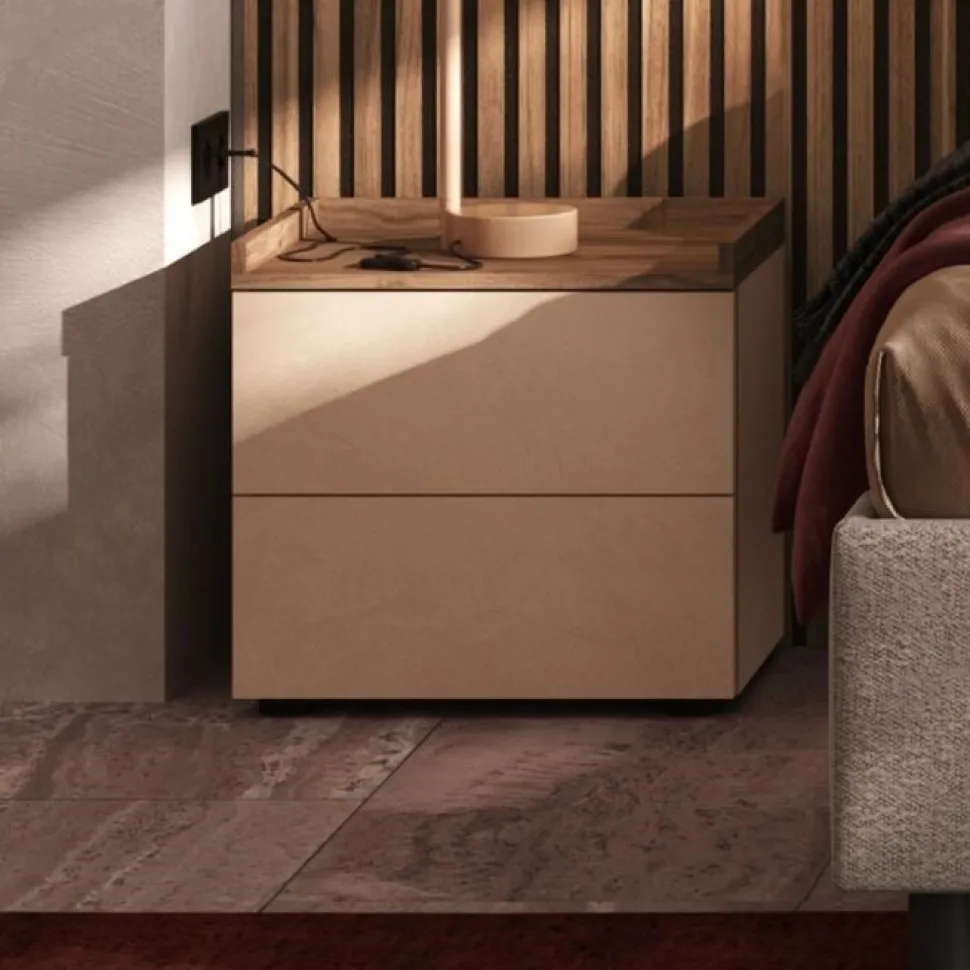 Coppia di comodini a 2 cassetti Alex linea Chèrie in finitura Bronzo e Rovere Mercure