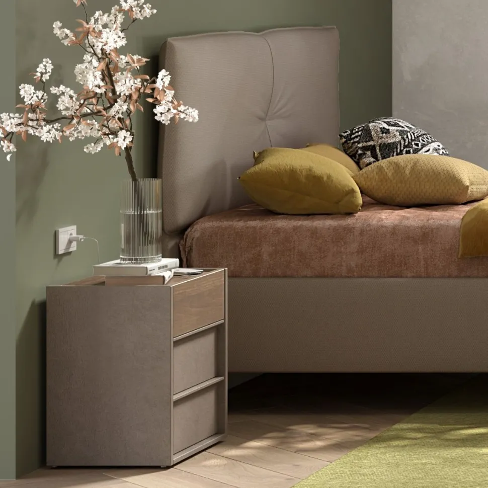 Coppia di comodini a 3 cassetti Mike linea Chèrie in finitura Bronzo e Rovere Mercure