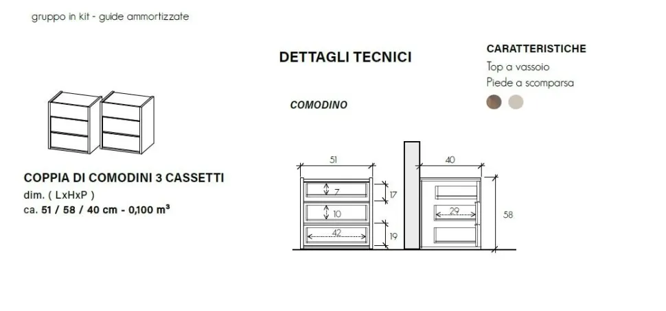 Coppia di comodini a 3 cassetti Mike linea Chèrie in finitura Bronzo e Rovere Mercure