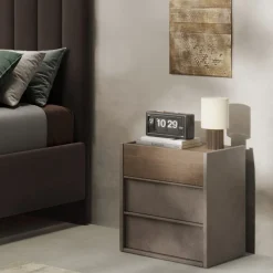 Coppia di comodini a 3 cassetti Mike linea Chèrie in finitura Bronzo e Rovere Mercure