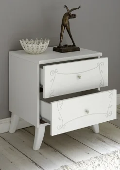 Coppia di Comodini Ebony a 2 cassetti linea Essenza in bianco opaco con serigrafia