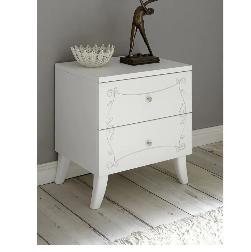 Coppia di Comodini Ebony a 2 cassetti linea Essenza in bianco opaco con serigrafia