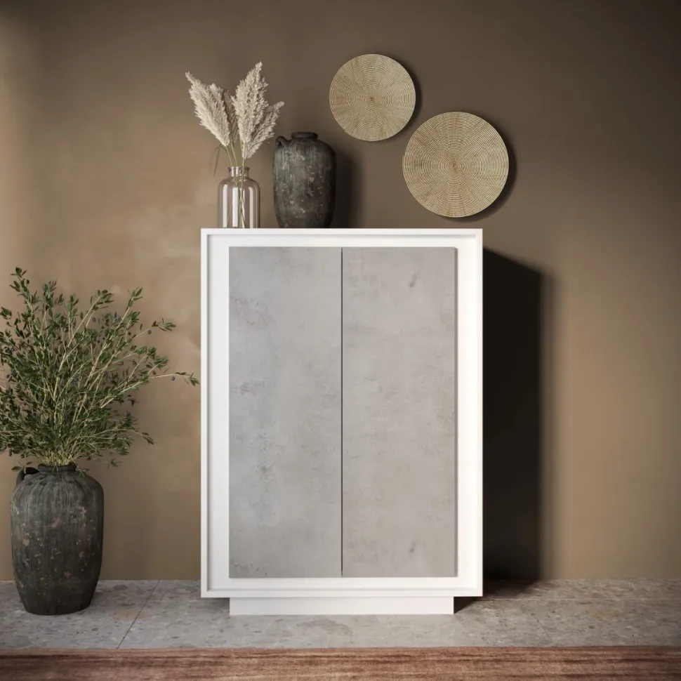 Credenza 2 ante battenti in bianco laccato opaco e pannelli effetto beton linea Beton